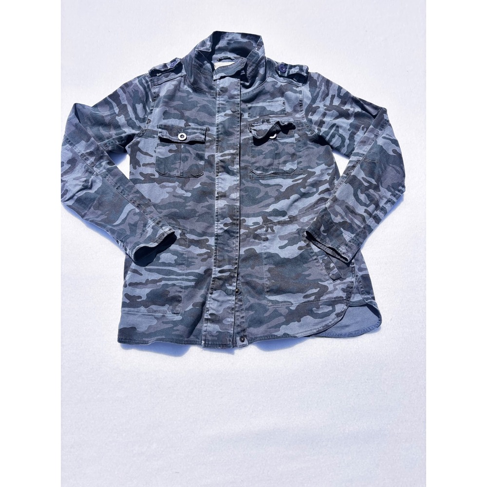 Kersh Womens Blue Camo Utility Jacket Military Full Zip Snap Front Size Medium